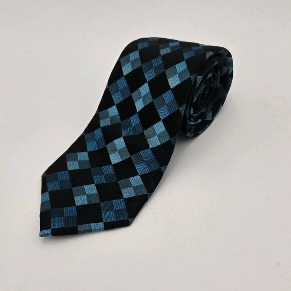 Stafford Performance Silk Tie Mens Blue Black Diamond Square Metallic Teal - Picture 1 of 4